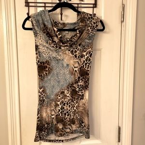 Caché Vintage Sleeveless Animal Print Draped Cowl Neck Sweater
